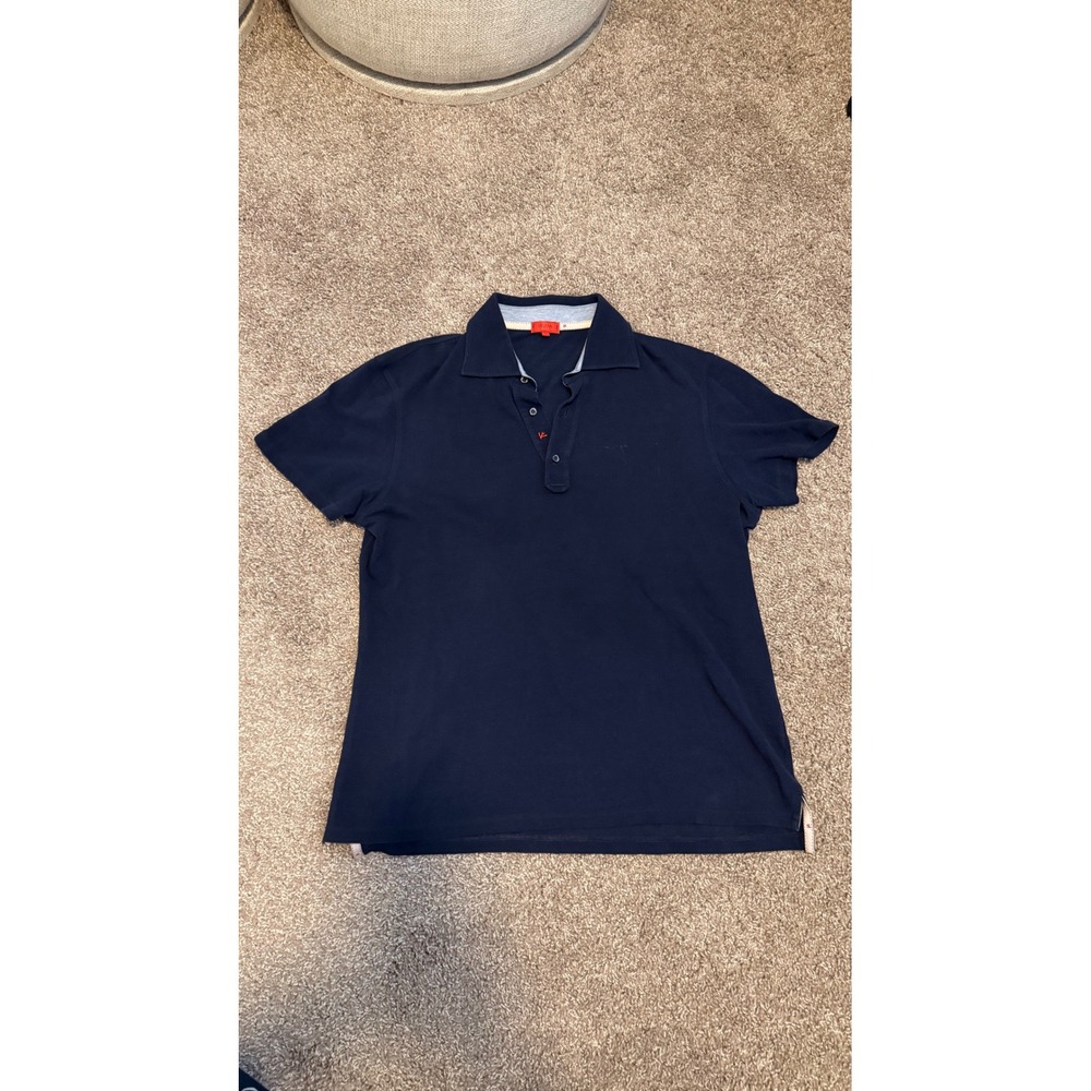 Isaia Napoli Mens Navy Blue 100% Cotton Pique Short Sleeve Polo Shirt Italy L